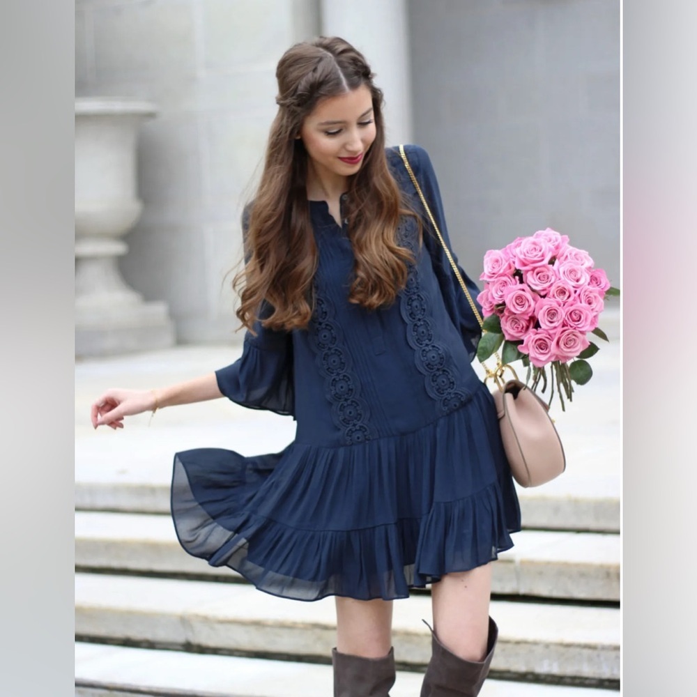 LOFT Navy Blue Embroidered Drop-Waist Dress – Size 12 – Dark Boho Beauty